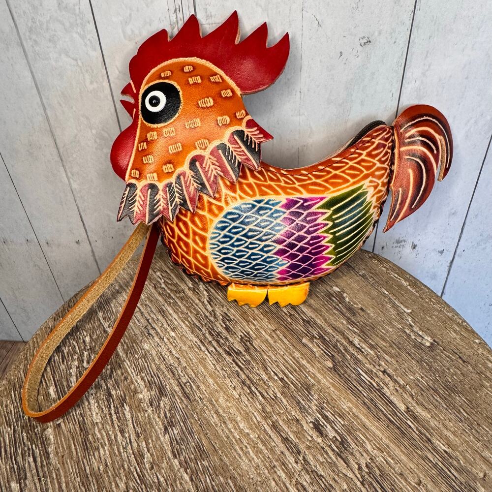 Genuine Leather Rooster Coin Purse Wristlet Chicken Hand Painted Leather